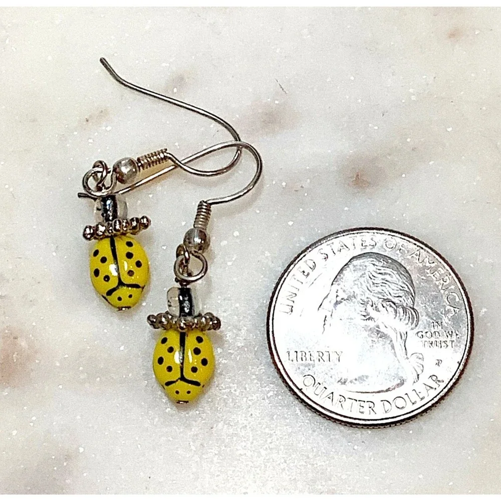 Yellow Ladybug Earrings Glass Beads with Silver Hook Wires